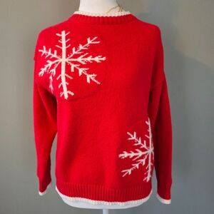 Red Cardigan Pullover Sweater Medium. Holiday Snowflake Winter Knit Retro Vibe
